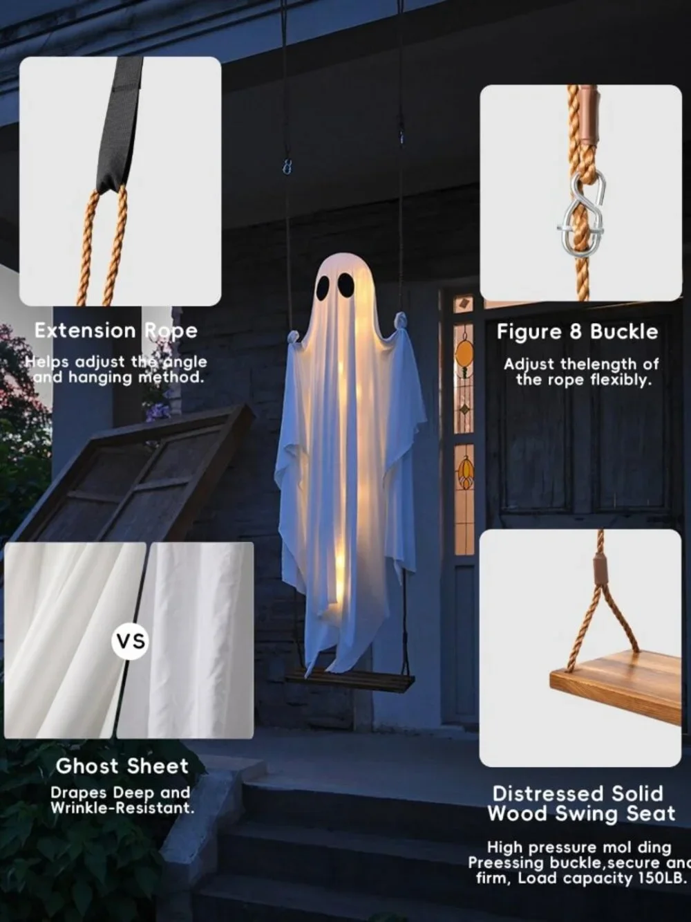 5 FT Hanging Swing Ghost with Lights - Spooky Outdoor Halloween Decor for Yard